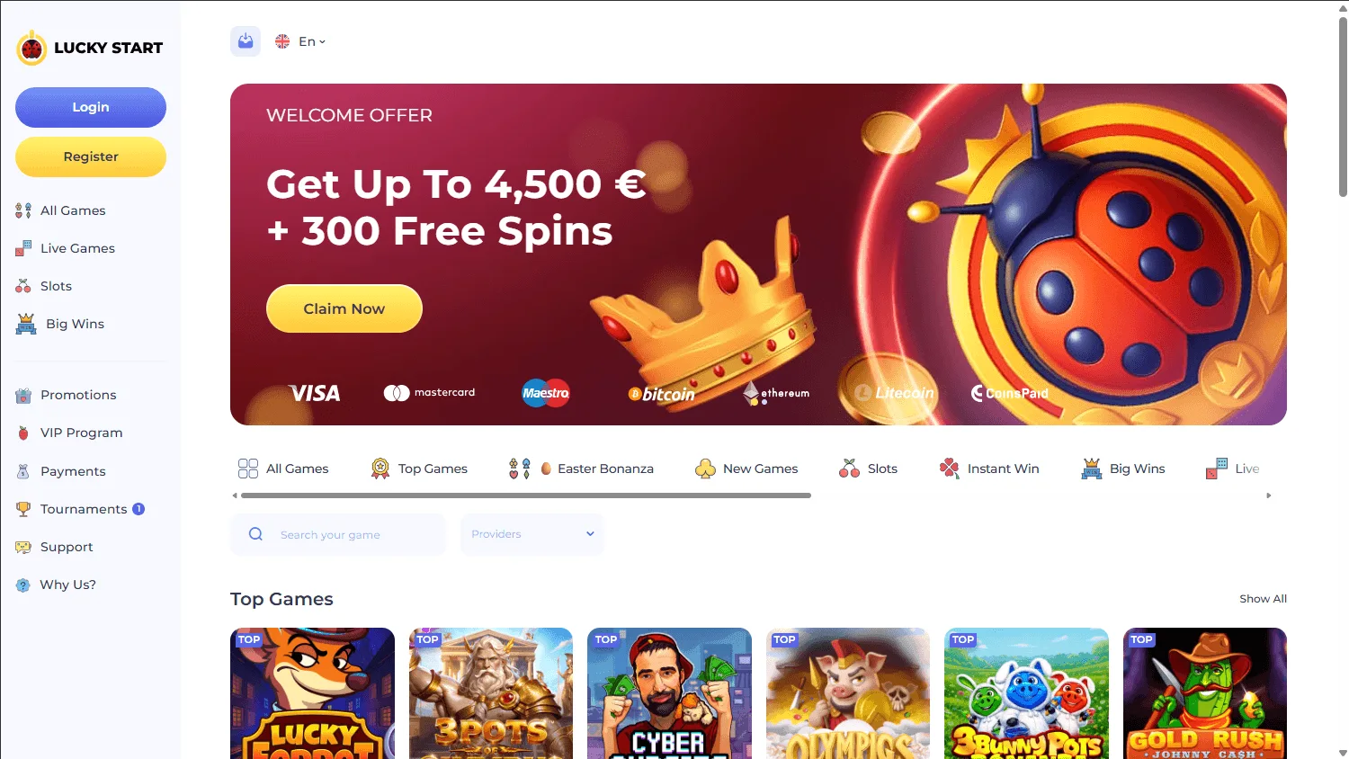 Luckystart Casino desktop homepage