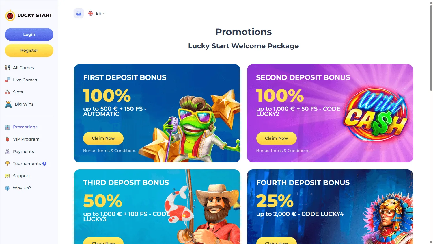 Luckystart Casino desktop promotions area
