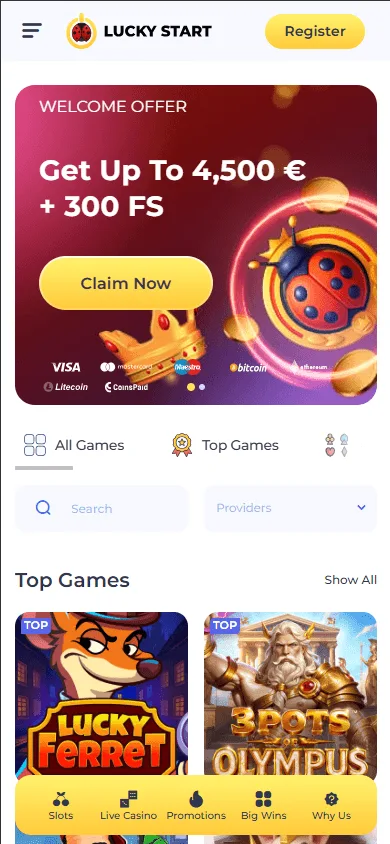 Luckystart Casino mobile homepage in a browser