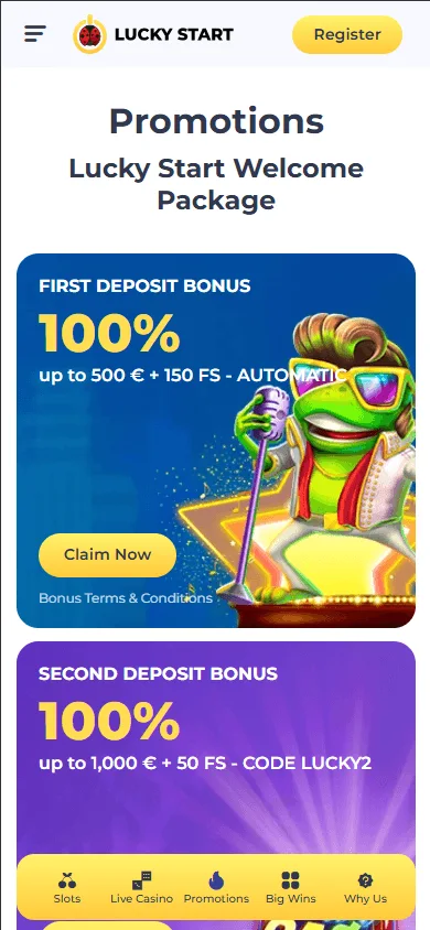 Luckystart Casino mobile promotions area